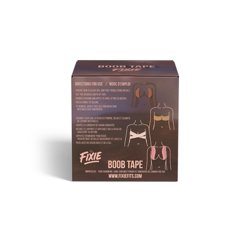 Back of Fixie Boob Tape box with illustrated instructions in English and French. Steps include cleaning skin, cutting tape, applying with lift, pressing to secure, and gentle removal. Four diagrams show tape application methods. Bottom features Fixie logo, website (www.fixiefits.com), and importer info for Fixie Fashion Inc., Vancouver, BC.