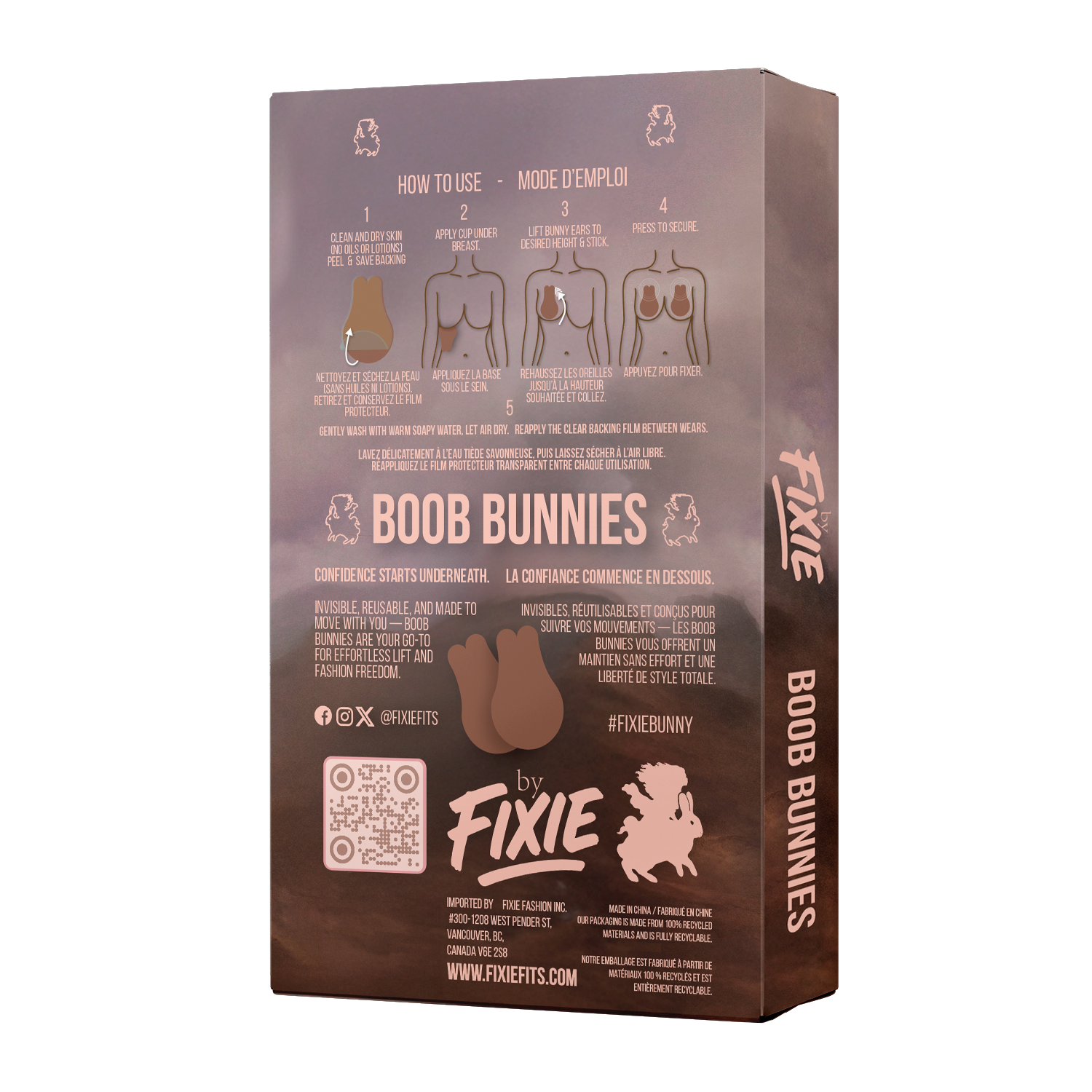 Back of Fixie Boob Bunnies box with bilingual step-by-step usage instructions and illustrations: clean skin, apply under breast, lift and stick, press to secure. Includes care tips, brand icons, QR code, and Fixie logo. Tagline reads ‘Confidence starts underneath’ with English and French product descriptions.