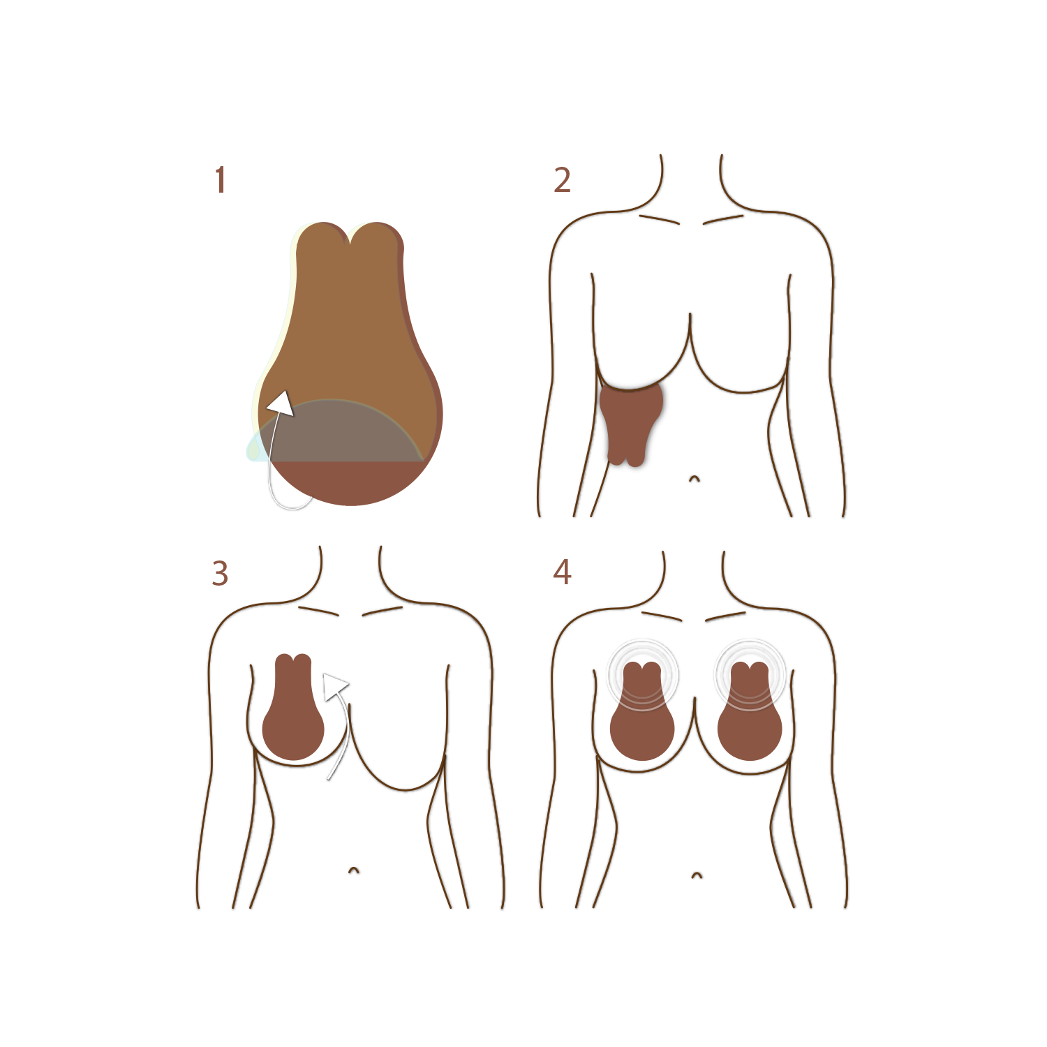Step-by-step illustration showing how to apply Boob Bunnies breast lift tape. Step 1: Peel the bottom backing. Step 2: Attach the lower adhesive under the breast. Step 3: Pull the top tab upward and stick it above the breast for lift. Step 4: Repeat for both sides, showing lifted breasts with the Bunny applied.