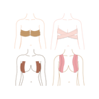 Illustration showing four different ways to apply Fixie Boob Tape on the torso. Top left: tape applied horizontally under both breasts for strapless support. Top right: two pieces of tape crisscross over the chest and under the arms for halter-style lift. Bottom left: vertical strips are placed along the sides of each breast for a centered lift. Bottom right: vertical strips run from under the bust, over the shoulders, and down the back for full lift and coverage. 