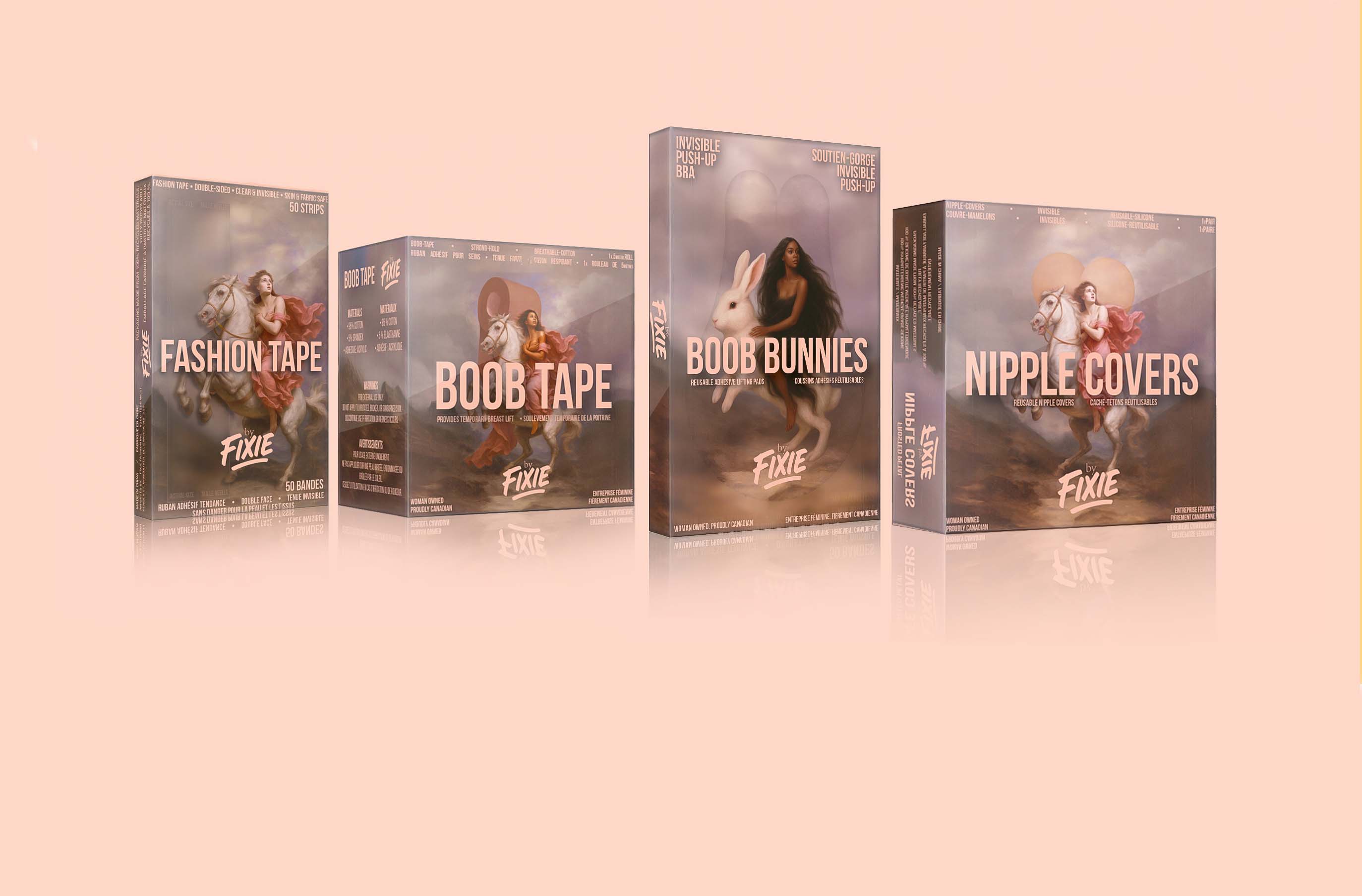 Product lineup image of Fixie’s full collection on a soft blush background. From left to right, four rectangular product boxes are displayed: Fashion Tape, Boob Tape, Boob Bunnies, and Nipple Covers. Each box features neoclassical-style artwork with women riding animals—mostly horses, except for Boob Bunnies, which shows a woman riding a large white bunny. The packaging combines bold product names in pale pink uppercase text with elegant, classical painting-inspired visuals.