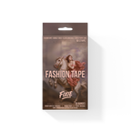 Packaging for Fixie Fashion Tape, featuring a neoclassical-style painting of a woman in a flowing red dress riding a white horse against a dramatic sky. The bold pink text reads ‘FASHION TAPE’ and ‘by FIXIE’. The packaging notes 50 double-sided, clear, skin and fabric-safe strips. French translation and product benefits are listed at the bottom.