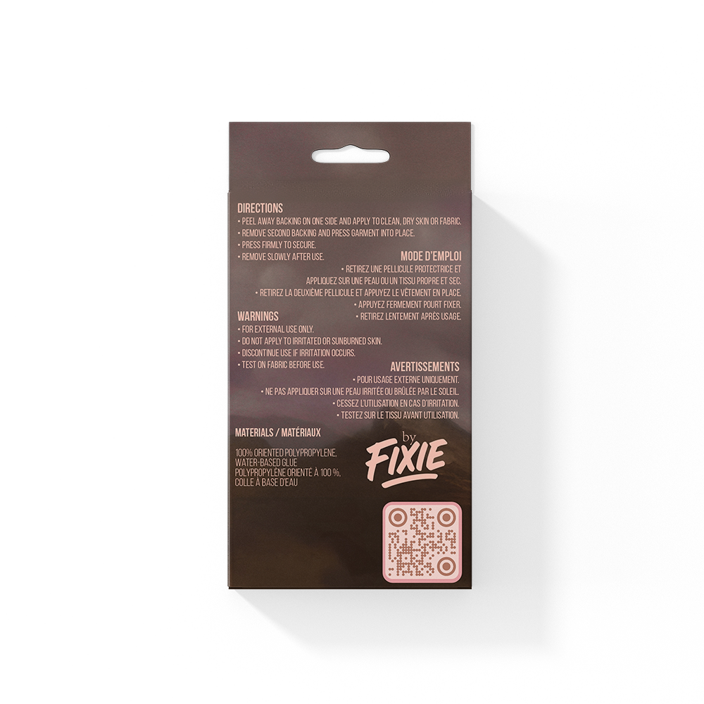 Back of Fixie Fashion Tape packaging with bilingual English and French instructions. Directions include peeling the backing, applying to clean, dry skin or fabric, pressing to secure, and removing slowly after use. Warnings advise external use only, not applying to irritated or sunburned skin, and testing on fabric before use. Materials listed as 100% oriented polypropylene with water-based glue. The Fixie logo appears at the bottom above a scannable pink QR code.