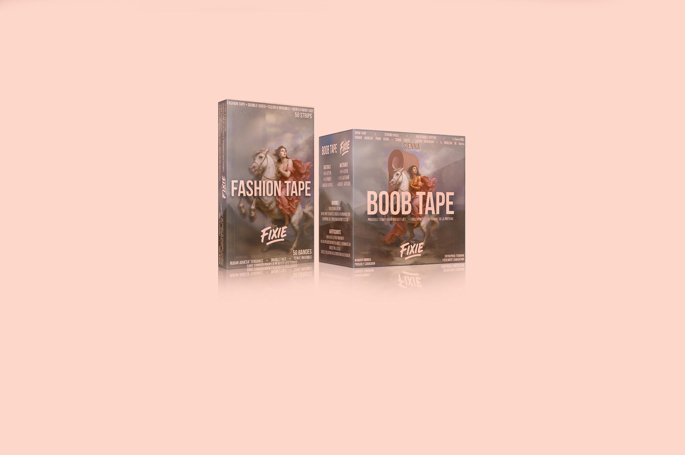 clips of animated repeating Fixie boxes, Boob Tape, Fashion Tape, Boob Bunnies, and Nipple Covers 